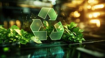 A closeup of an analytical report featuring green symbols and highlights that emphasize sustainable procurement strategies with visuals illustrating the lifecycle of ecoconscious products photo