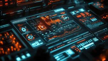 A close shot of a digital console interface with icons representing various manufacturing metrics all connected to a central cloud platform emphasizing data sharing and collaboration photo