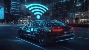 A detailed view of the autonomous vehicles dashboard displaying realtime data metrics with a vivid 5G signal symbol prominently featured in the upper corner photo