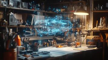 An intricate look at a workstation cluttered with sketches and tools while a detailed AR prototype floats midair giving a sense of depth and dimension to the designs photo