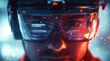A closeup capturing the intricate interface of an AR visor detailing digital alerts for machine malfunctions and safety protocol updates designed to keep the worker aware and safe i photo