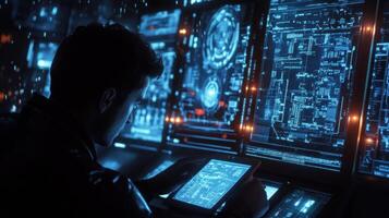 The face of a factory engineer is illuminated by the glow of multiple monitors displaying complex manufacturing processes while they take notes on a digital pad photo