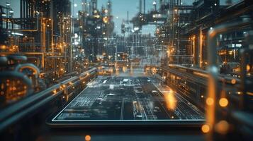 A tablet laying flat featuring a rich visual interface of interactive learning paths accompanied by safety manuals and checklists set against the backdrop of a busy factory scene photo
