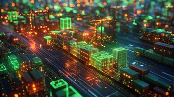 A hightech supply chain management interface featuring realtime tracking of ecofriendly shipments with bright green alerts for ontime deliveries and sustainable sourcing photo