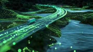 A digitized platform displaying a map with routes marked in green highlighting ecofriendly transportation pathways that reduce environmental impact during distribution photo