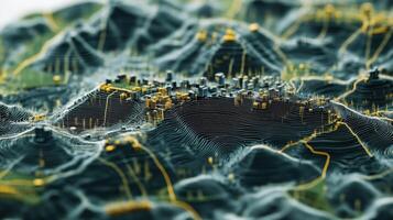An intricate topographic map showcasing microfactories symbolized by small factory icons with shaded areas indicating regional access to resources and distribution networks photo