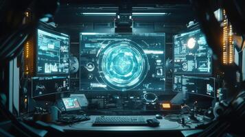 A focused view of the engineers computer screen surrounded by physical machinery where the AR headset extends the monitors display into the workspace making it interactive and immersive photo