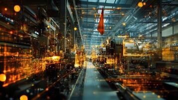 The assembly line of a heavy machinery factory with sparks flying and a national flag hanging overhead capturing the spirit of production as a pillar of national security photo