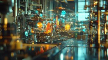 Through the AR lens the engineer witnesses multiple data streams of factory performance represented as colorful graphs and maps floating in their direct line of sight against the backdro photo