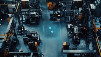 An overhead shot of a microfactory floor revealing a dense arrangement of machines each operating with synchronized precision through a central AI hub photo