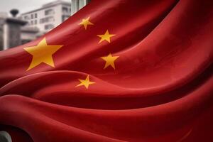 Chinese flag waving with city background photo