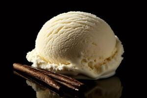 Vanilla ice cream scoop melting with cinnamon sticks on black background photo