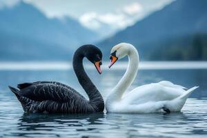 Black swan and white swan forming heart shape with necks. photo