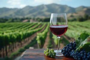 Glass of red wine with grapes overlooking vineyard in mountain valley photo