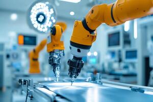 Robotic arms working on assembly line in modern factory photo