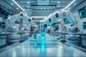 Robotic arms manufacturing microchips in modern factory with automation and artificial intelligence photo