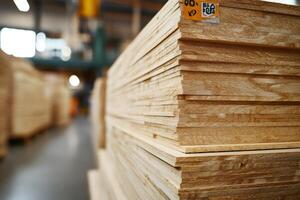 Stack of osb boards preparing for shipment in warehouse industrial production of building materials photo