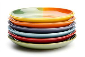 Stack of colorful ceramic plates on white background photo
