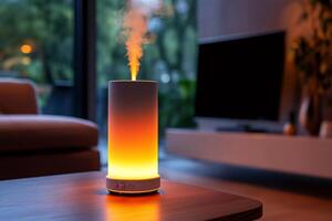 Modern aroma diffuser emitting fragrant steam in cozy living room photo
