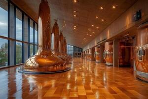 Copper stills gleaming in modern distillery reflecting on polished floor photo