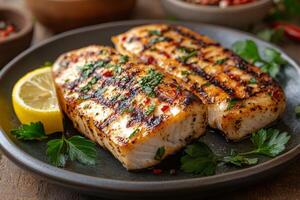 Delicious grilled fish fillets with lemon and herbs on plate photo