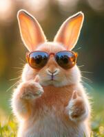 Cool rabbit wearing sunglasses showing thumbs up outdoors photo