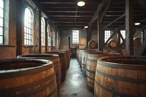 Oak barrels storing beer or wine aging in brewery cellar photo