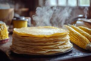 Freshly cooked corn tortillas steaming on wooden table with corn cobs photo