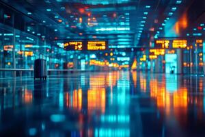 Lonely suitcase stands in empty airport terminal at night photo
