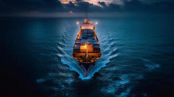 Large container ship sailing on the ocean at twilight under dramatic sky photo
