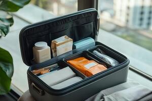 Modern carry-on suitcase open displaying toiletries and accessories, emphasizing organization for travel photo
