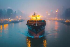 Container ship sailing on river at dusk with city skyline in background photo
