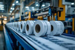 Conveyor belt transporting rolls of material in a modern factory photo