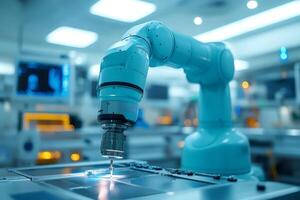 Robotic arm working on circuit board in modern laboratory photo