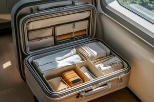 Modern carry-on suitcase open displaying organized clothes and accessories on train photo