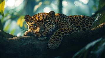 Leopard resting on a branch in the jungle photo