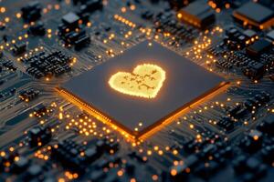 Glowing heart shape being projected on computer processor showing love for technology photo