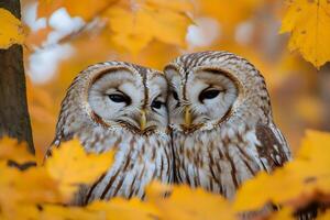 Two ural owls showing affection in autumn foliage photo