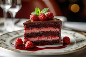 Delicious chocolate raspberry cake garnished with fresh mint and raspberry coulis photo