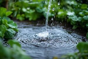 Water pouring and splashing into a puddle, creating ripples and droplets photo