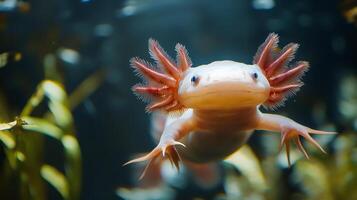 Axolotl swimming underwater, showing feathery gills and detailed claws photo