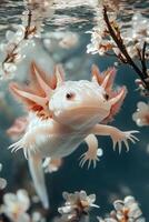White axolotl swimming underwater near cherry blossom branches photo