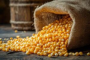 Dried corn kernels spilling from burlap sack on rustic wooden table photo