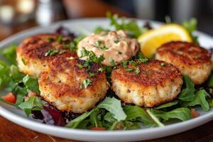 Delicious fried crab cakes served on mixed green salad with remoulade sauce photo