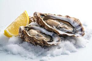 Fresh oysters with lemon slice resting on crushed ice photo