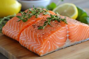 Fresh salmon fillets seasoned with thyme and peppercorns on cutting board photo