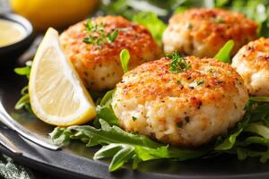 Delicious crab cakes served on arugula with lemon and thyme photo