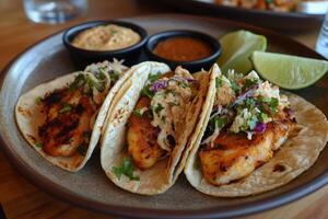 Delicious fish tacos with coleslaw, lime, and dipping sauces being served on a plate photo