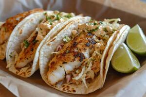 Delicious fish tacos with coleslaw, lime, and cilantro being served on paper plate photo