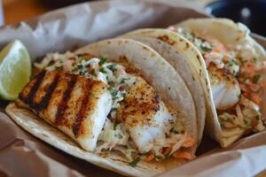 Delicious grilled fish tacos with coleslaw, lime, and cilantro being served on paper in a basket photo
